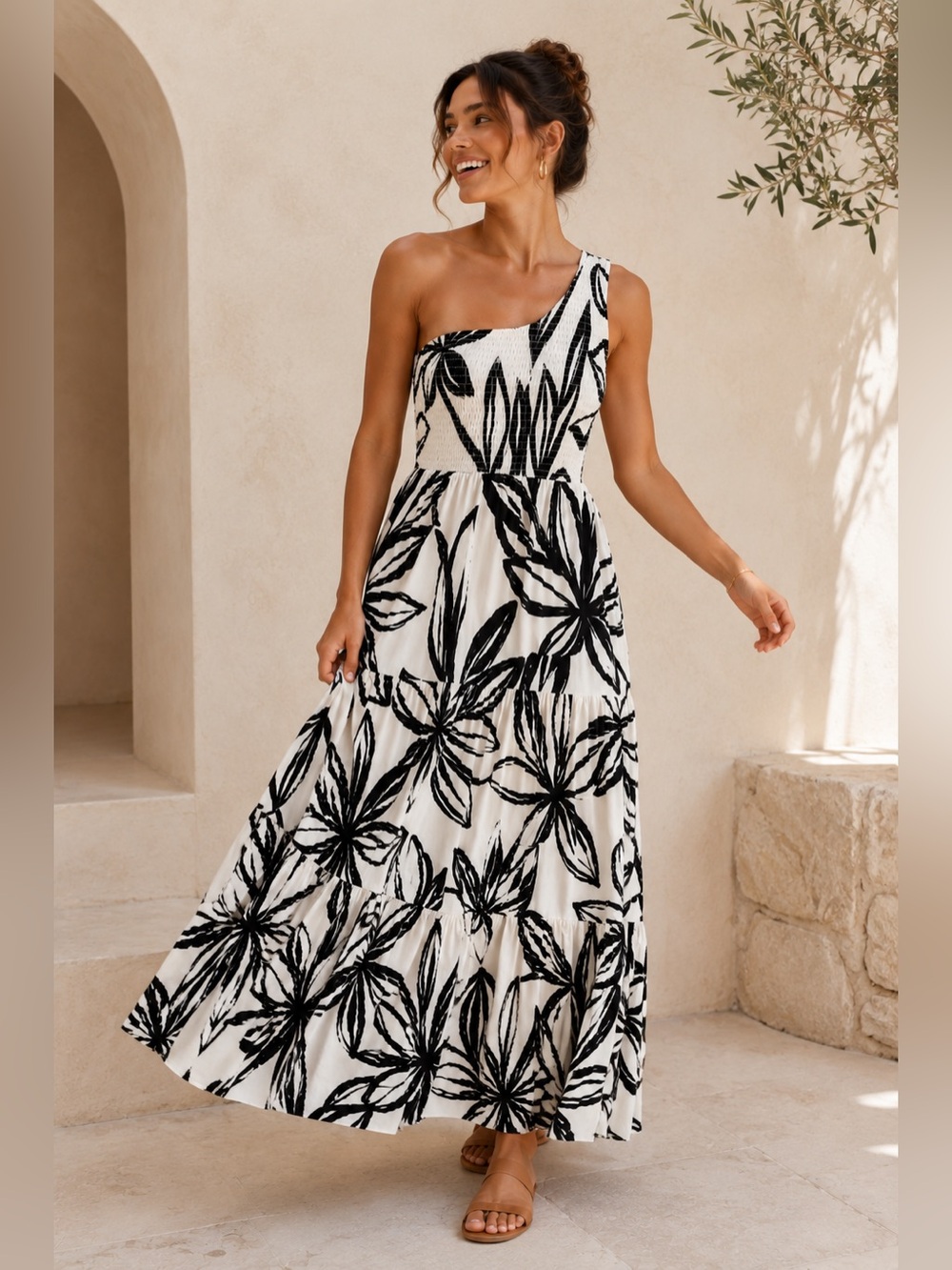 Anthropologie Abel The Label One Shoulder Maxi Dress Black White/Off Floral L